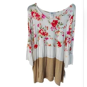 MOA MOA WOMAN 3-Tier Pink Floral Brown Stripe 3/4 Sleeve Tunic